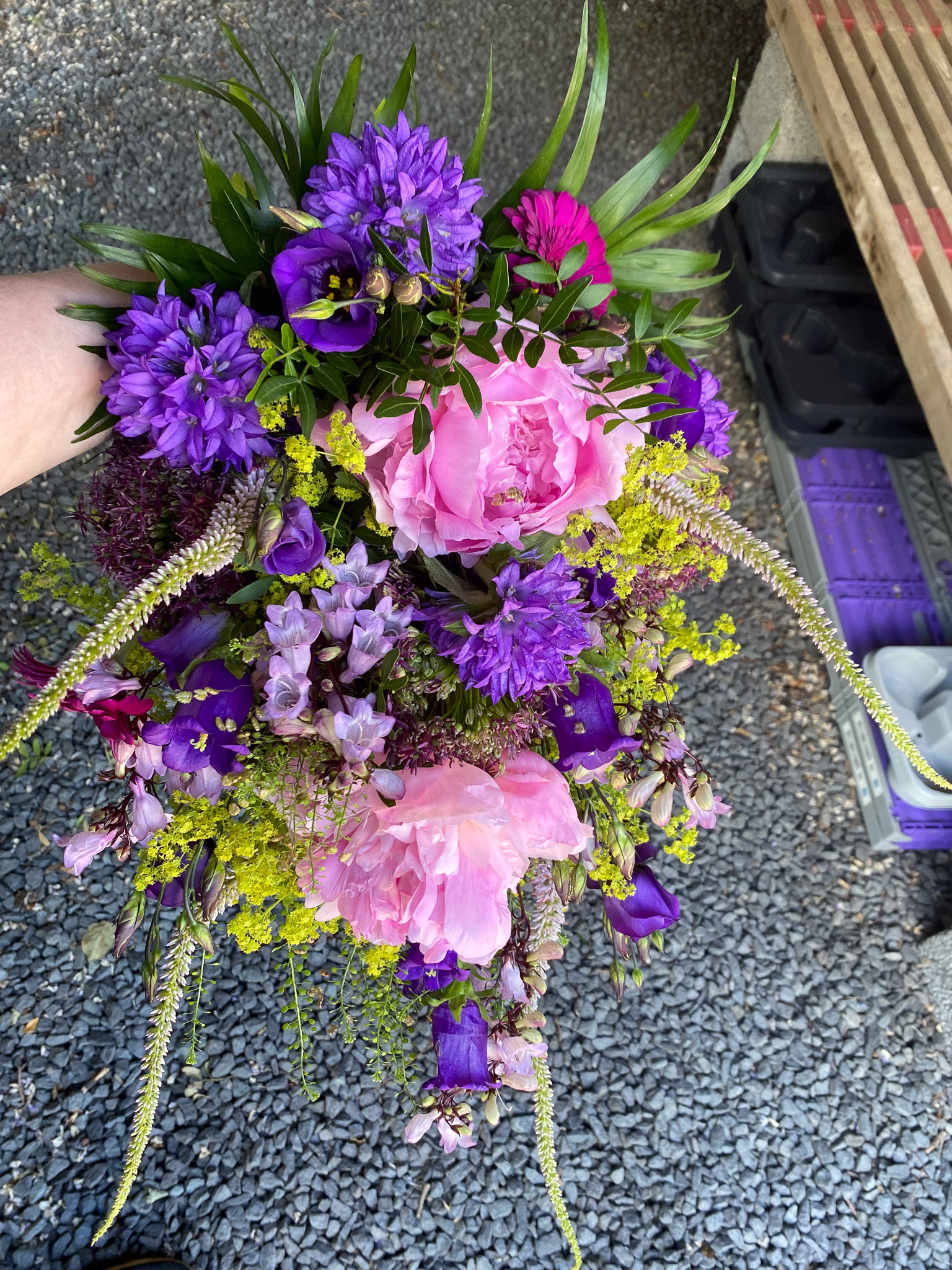 Lilla og rosa bårebuket med pæoner, klokkeblomster og løvefod